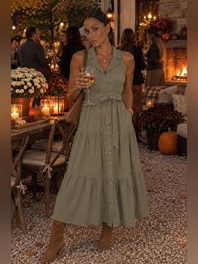 Sleeveless Sage Tiered Button-Front Maxi Dress with Self-Tie Waist